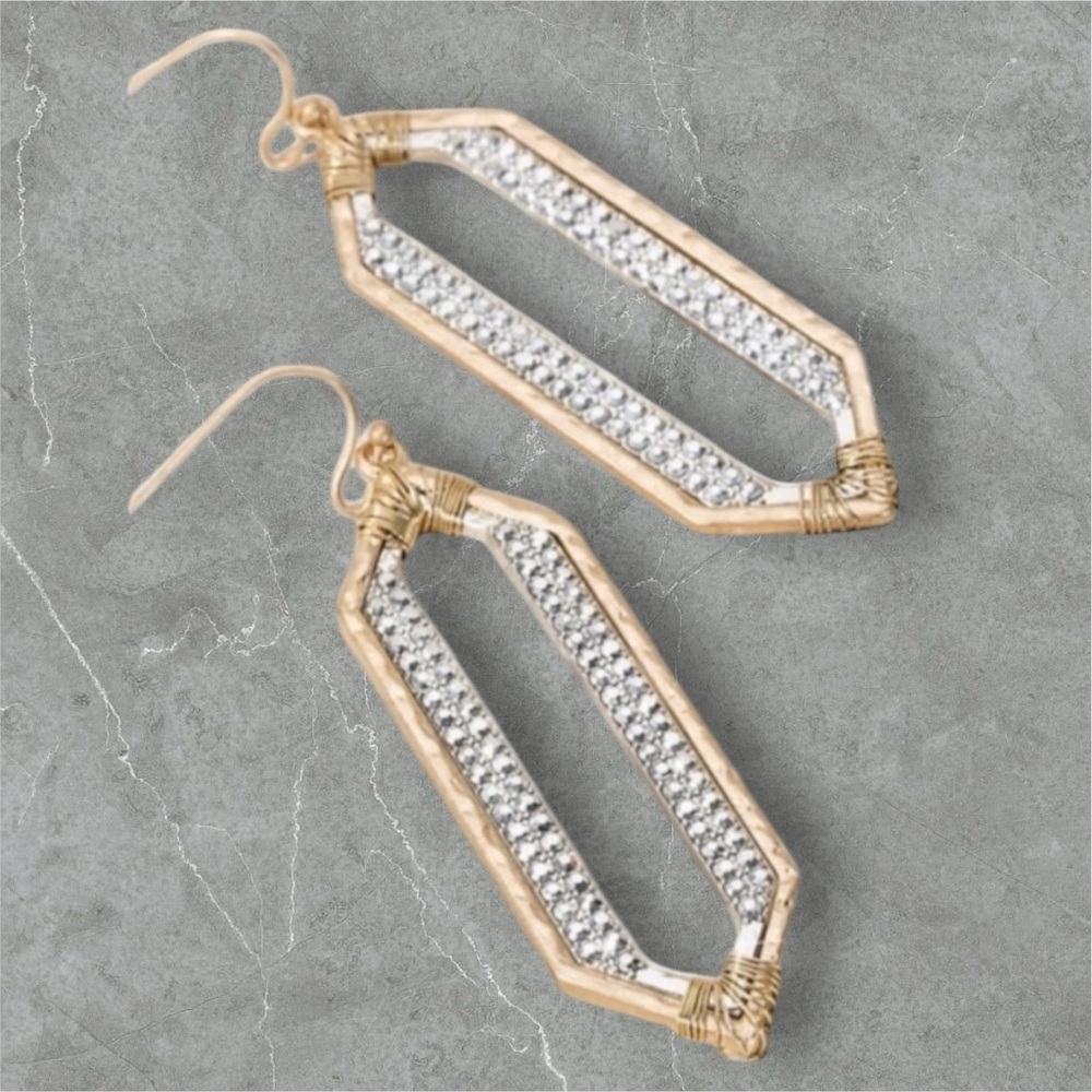 NWT Geometric Pave Rhinestone Dangle Earrings — Gold & Silver Wire Wrapped